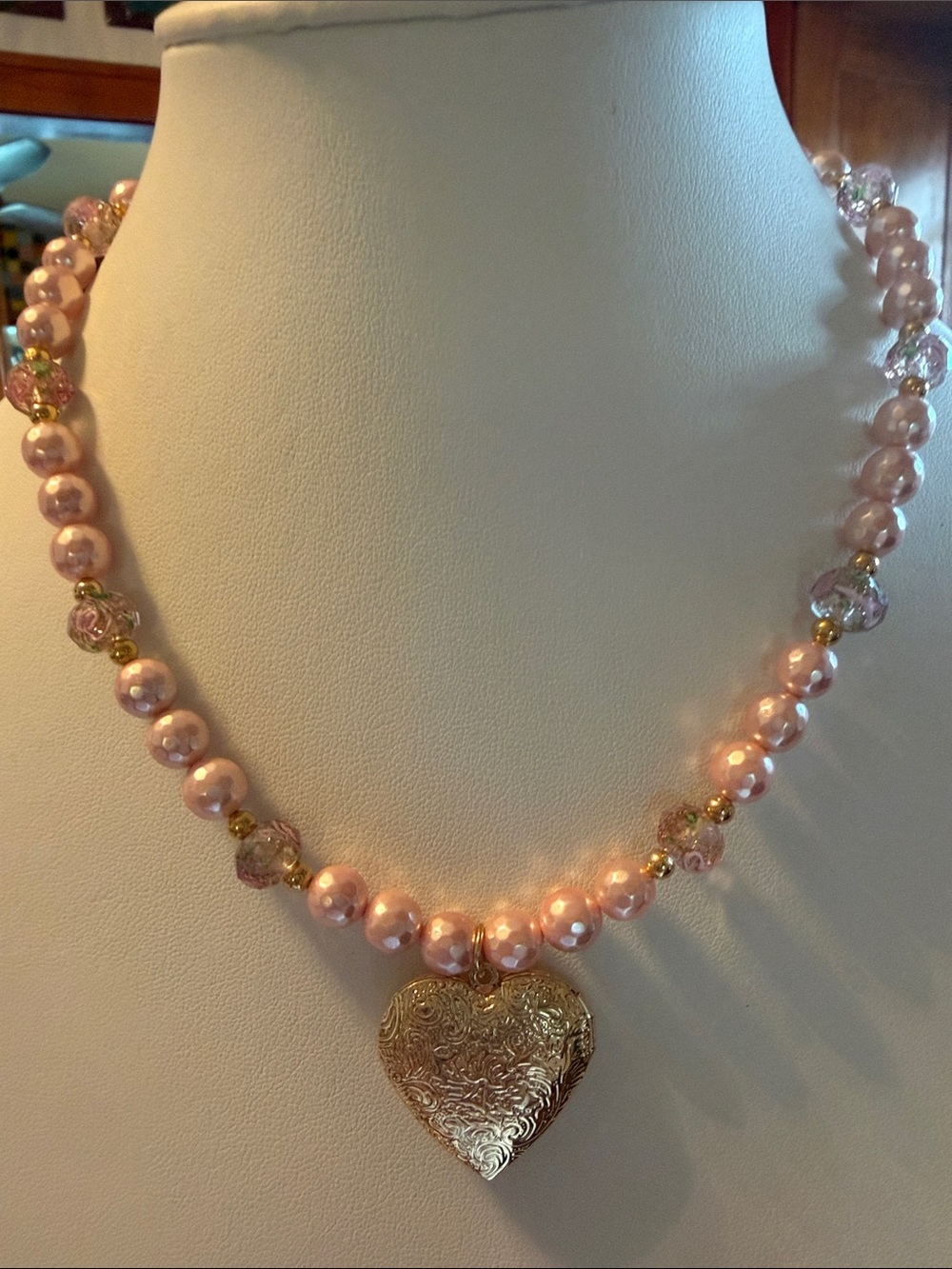 Audrey Limoges Collection Pink Pearl Heart Locket Pendant Necklace